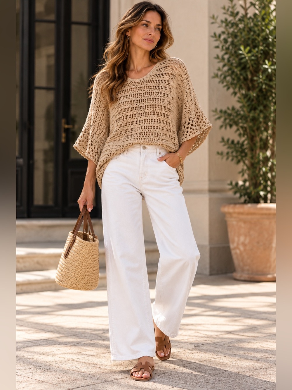 Light Tan Crochet Open-Weave Women's Sweater - Casual Layering